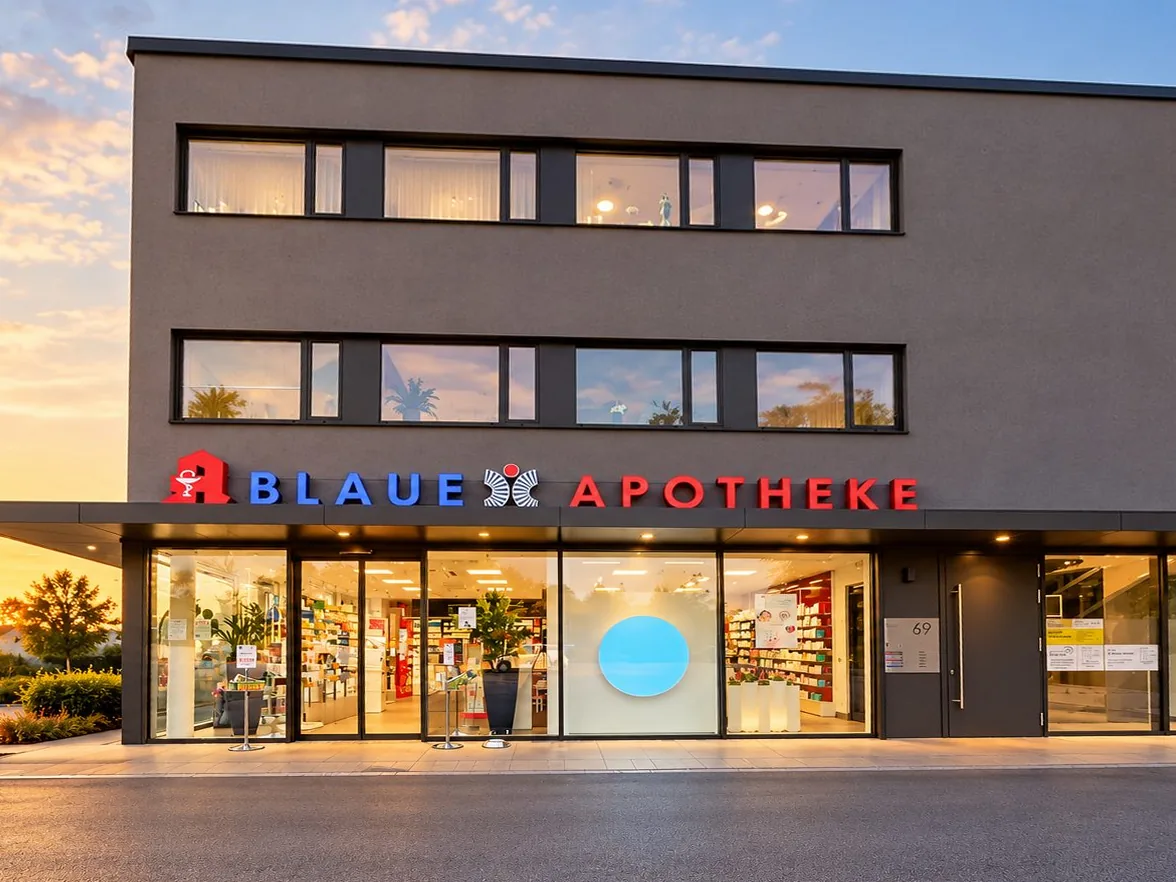 Blaue Apotheke in der Alten Straße 69 am Abend